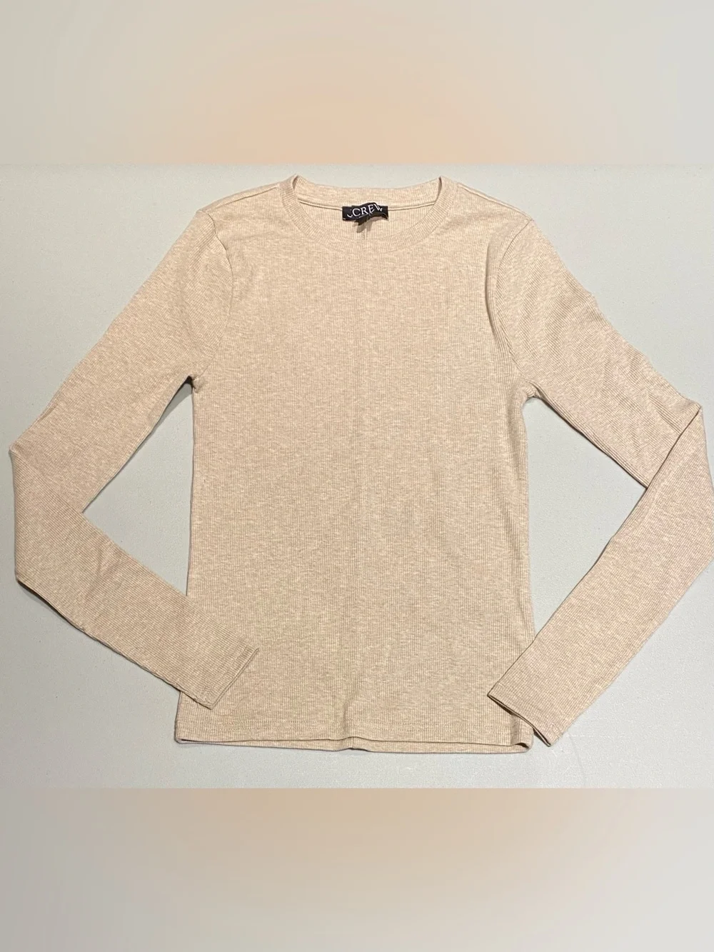 J. Crew Heather Oatmeal Long Sleeve Crew Neck Top Back Seam, Size S